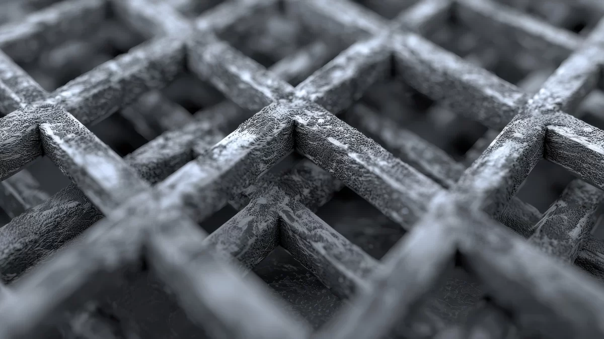 Detalhe em close-up de tela metálica expandida, mostrando a malha formada pelo processo de expansão do metal sem geração de resíduos.