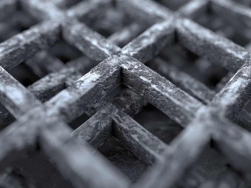 Detalhe em close-up de tela metálica expandida, mostrando a malha formada pelo processo de expansão do metal sem geração de resíduos.